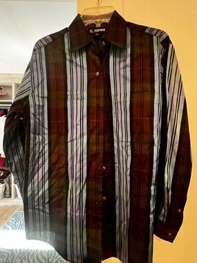 Ellen Tracy Striped Button-Up Shirt - Blue, Brown l 8